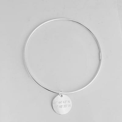 Lat & Lo charm bangle, sterling silver, engraved with coordinates, 16mm charm on wire bangle