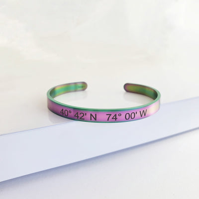 Coordinates cuff bracelet in Rainbow colored Stainless Steel Cuff Bracelet white background. Front View. By Lat & Lo. www.latandlo.com