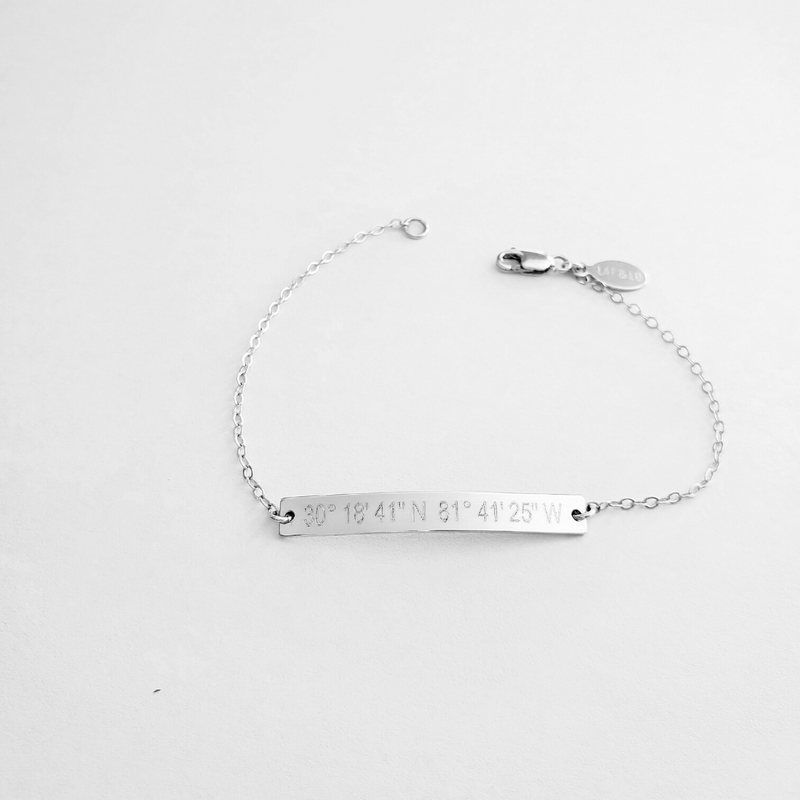 Coordinates skinny bar bracelet in gold color. 14K Gold-Filled. Latitude longitude bracelet by lat & lo.